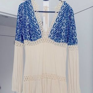Free People blue and white long-sleeve mini dress - size 4